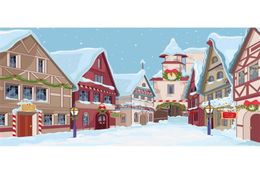 Cartoon City PO Contailleur tombant des flocons de neige des maisons couvertes de neige Joyeux Noël POGRAMMES DOTTROPS HIVER HODEAL PO Back37618459727643