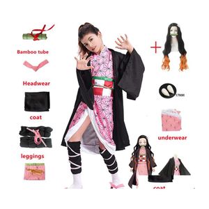 Ropa de dibujos animados Kamado Nezuko Cosplay disfraz Demon Slayer uniforme ropa Kimono peluca accesorios conjunto Halloween para niños Adt Drop Deliver Dhrn1