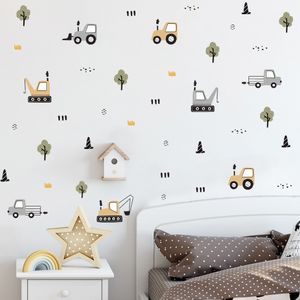 Dibujos animados Construcción Coche Tractor Acuarela Vivero Pegatinas Calcomanías de pared extraíbles Impresión de arte Niños Habitación Interior Decoración para el hogar