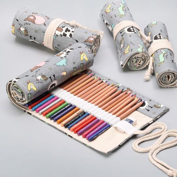 Dessin animé vache stylo sac rouleau école porte-crayon pour filles garçons étui à crayons 24/36/48/72 grande boîte en toile papeterie pochette Kit sacs