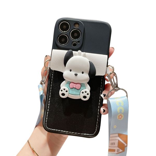 Dessin animé mignon 3D chien étuis de téléphone portable bandoulière portefeuille étui de téléphone pour Apple IPhone15 14 plus 13 pro max 12 mini carte d'insertion antichoc couverture arrière en TPU non jaunissante