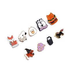 Cartoon Schattige Dieren Zwarte Kat Emaille Pins Schedel Bloem Kitten Knuffel Ster Maan Ronde Legering Broche Badge Mode Vrouw Sieraden Gift