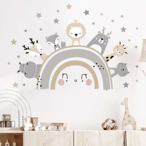 Dessin animé animaux mignons sur les arcs-en-ciel étoiles Stickers muraux pour chambre d'enfants bébé pépinière Stickers muraux girafe hippo chat décor à la maison bricolage