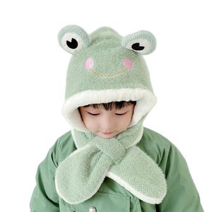 Gorros de invierno con dibujos de ranas para niños, conjunto de gorros, gorro de piel tejido para niños, bufanda de una pieza, gorros con orejeras para niños y niñas