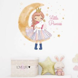 Pegatinas de pared de dibujos animados de princesa y conejito en la Luna para habitación de niña, calcomanías de pared de habitación para niños, pegatinas decorativas para el hogar