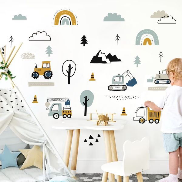 Dessin animé mignon dessiné à la main voitures Cargo camion aquarelle autocollant mural pour enfants chambre stickers muraux salle de jeux maternelle pépinière