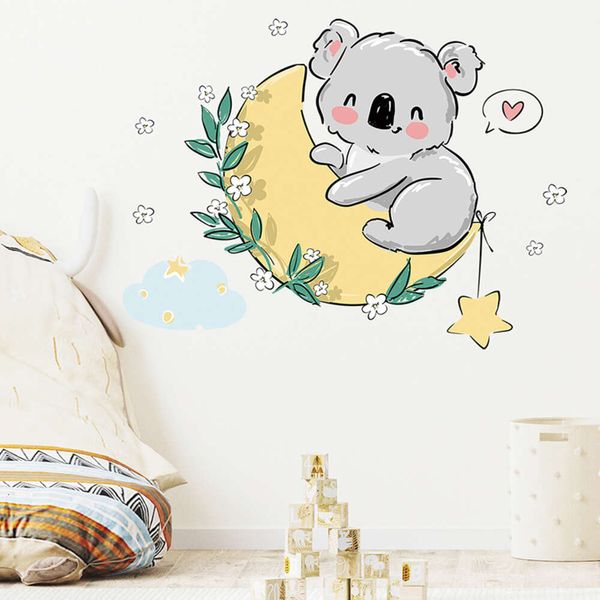 Pegatinas de pared con dibujos de Koala, Luna y hojas verdes para habitación de niños, pegatinas de pared de habitación, pegatinas decorativas para el hogar, murales