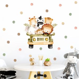 Cartoon Leuke Leeuw Olifant Dier Auto Stippen Aquarel Vinyl Kwekerij Muurstickers Print Kids Meisjes Babykamer Interieur Home Decor