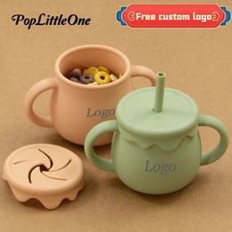 Dessin animé mignon tasse de paille en silicone tasse à boire pour enfants tasse à collation 2-en-1 boîte de stockage des aliments avec poignée tasse d'eau d'alimentation sans BPA 231229