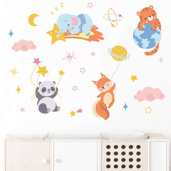 Autocollants muraux de dessin animé, animaux endormis, Panda, éléphant, planète, étoiles, pour chambre d'enfants, sparadrap muraux pour chambre d'enfant, peintures murales pour chambre d'enfant