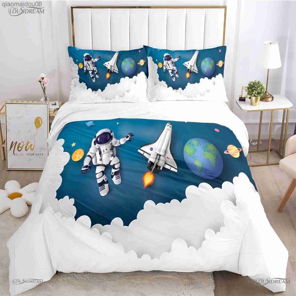 Dessin animé mignon astronaute de l'espace housse de couette ensemble de literie housse de couette douce et étuis pour adolescents enfant garçon simple/double/reine/roi L230704