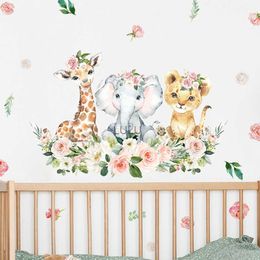 Cartoon schattige aquarel roze bloemen Safari jungle dier muursticker voor kinderkamer baby meisje kinderkamer stickers slaapkamer interieur HKD230825 HKD230825
