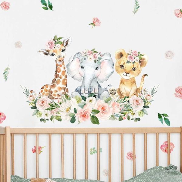 Dessin animé mignon aquarelle rose Floral Safari Jungle Animal autocollant mural pour chambre d'enfants bébé fille pépinière décalcomanies chambre décor à la maison HKD230825 HKD230825