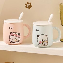 Dessin animé mignon yier bubu dudu tasses en céramique mitao panda avec cuillères de couvercle de café au lait d'eau kawaii drinkware anniversaire cadeau 240418