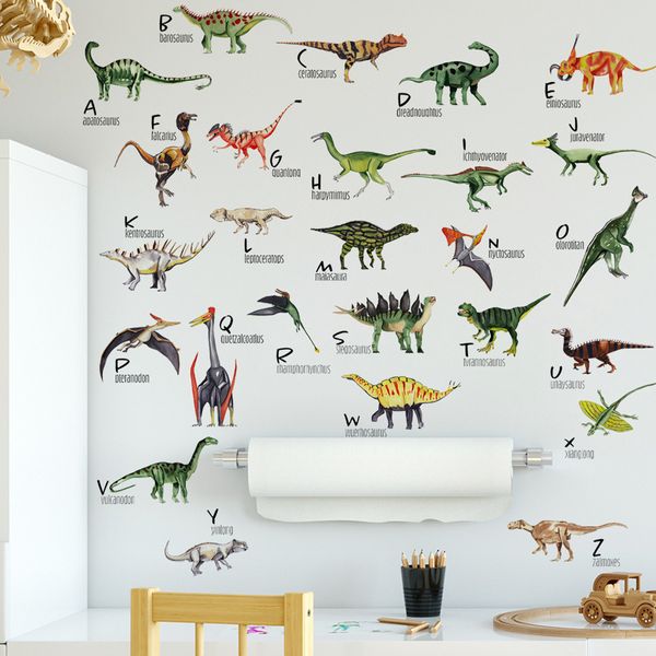 Pegatinas de pared de colección de dinosaurios de dibujos animados para habitación de niños, calcomanías de decoración de letras del alfabeto, papel tapiz autoadhesivo para decoración del hogar