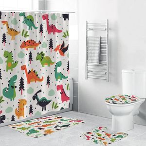 Cartoon dinosaurus schattige douchegordijn voor kinderen bad dier print 4 stuk accessoires set zachte toilet mat pad badkamer decor T200711