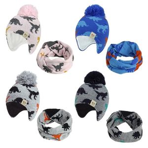 Cartoon dinosaurus gebreide baby hoed sjaal set winter warme jongens meisjes beanie fleece voering peuter kinderen hoed met pompom