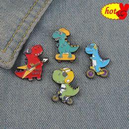 Dessin animé dinosaure jouant Skateboard vélo guitare forme émail broches mignon Animal broches femmes hommes vêtements épinglette Badges bijoux