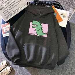 Dessin animé dinosaure imprimé homme sweat à capuche surdimensionné Harajuku poche à capuche vêtements en polaire mâle dessins animés vintage anime hip hop sweats H1227