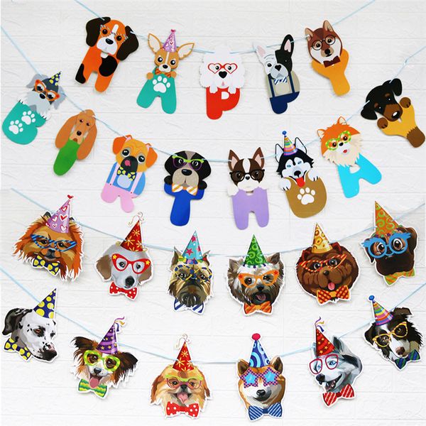 Bande dessinée Chien Pet Party Drapeau Bannières Mignon Chien Animal Chiot Visage Bannière Pull Fleur Pet Anniversaire Thème Fête Décorations yq02156