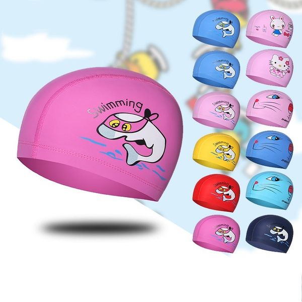 Dessin animé dauphin imperméable tissu PU cheveux longs Protection des oreilles enfants enfants piscine Sport nautique bonnet de bain chapeau