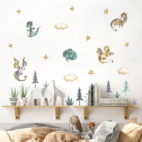 Dibujos animados dragón animales nubes estrellas acuarela guardería pared pegatina extraíble vinilo pared calcomanías Mural niños habitación hogar Decoración