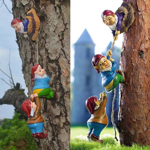 Dessin animé nain drôle elfe Gnome escalade arbre Sculpture statues résine artisanat Figurine ornement extérieur jardin suspendu décoration 240304