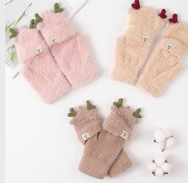 Dessin animé wapiti doigt filles gants gant en tricot pour enfants épaissi demi-doigt gants chauds en automne et en hiver gant congelé LY109