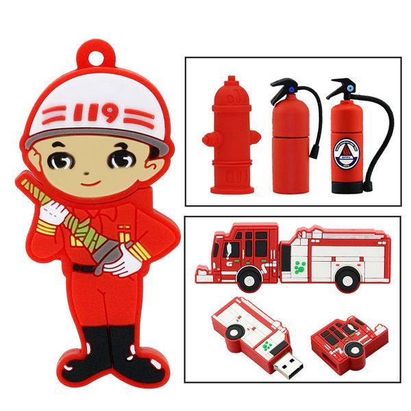 Firma de dibujos animados Pendrive Fire Truck / Válvula de agua Drive Flash USB 32GB 16GB 8GB 4GB Memory Stick Fuego Extintor