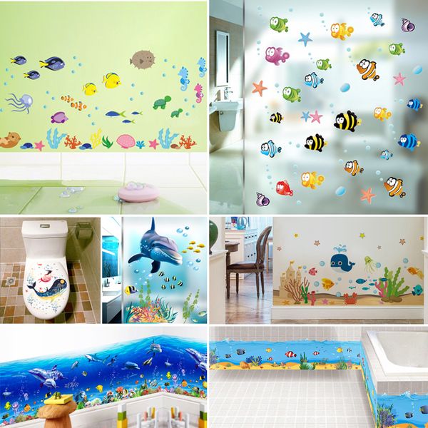 Dessin animé poisson fond marin Wold autocollant mural chambre d'enfant salle de bain décoration de la maison étanche Animal plinthe bricolage toilette décalcomanie