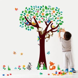 Cartoon Forest Animal Monkeys Rabbit Birds Boom Muurstickers voor Kinderen Kamers Butterfly Nursery Home Decor Slaapkamer Poster Muurschildering 210420