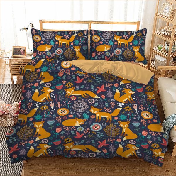 Ensemble de literie de dessin animé renard sourire renards imprimer housse de couette taie d'oreiller double reine king size literie linge de lit 3 pièces textiles de maison C0223