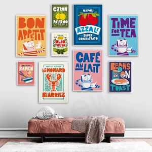 Cartoon grappig eten canvas schilderen frans biarritz kreeft posters print bon appetit citaat muur foto huis club bar shop keuken decor no frame wo6