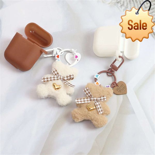 LLavero de oso peludo de dibujos animados para mujer, colgante de auricular con lazo a cuadros, adornos de bolso bonitos para niñas, Accesorios para llaveros Kawaii