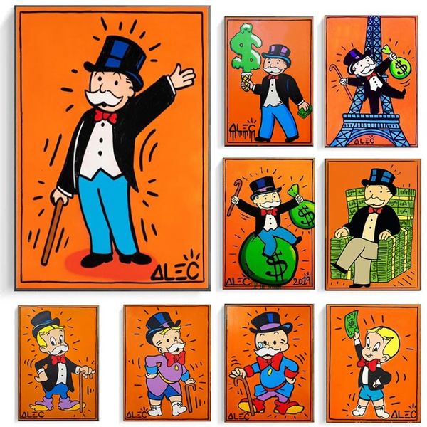 Dibujos animados Caballero rico hombre Alec Monopoly carteles e impresiones pinturas en lienzo imágenes artísticas de pared para sala de estar decoración del hogar Cua250s