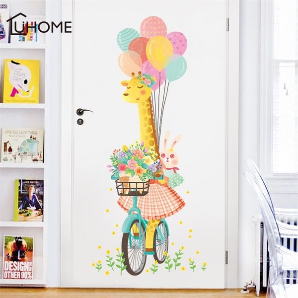 Cartoon Giraffe Animal Nursery Room Wall Sticker Lapin Girafe Chambre d'enfants Cartoon Classroom Wall Decal Ballon Porte Affiche T200610