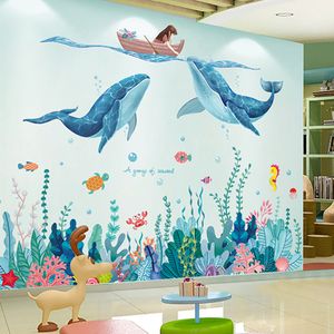Pegatina de pared de ballenas para niña de dibujos animados, calcomanías de Mural de plantas de algas marinas creativas DIY para habitaciones de niños, dormitorio de bebé, guardería, decoración del hogar