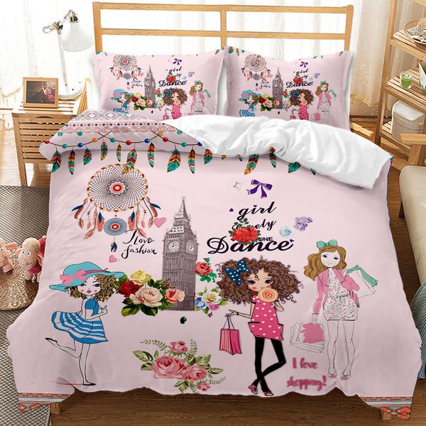 Juego de cama de dibujos animados para niñas, edredón Queen, edredón de flores rosas, divertidos personajes animados, funda de edredón de poliéster Doodle