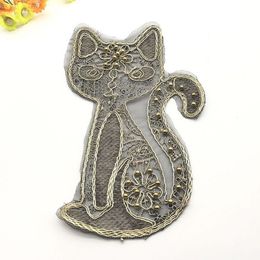 Cartoon Gold Cat Animal Geborduurde Kant Sequin Stof Patches voor Kleding Naai op Kleding Applicaties Streep Craft Decoratie DIY