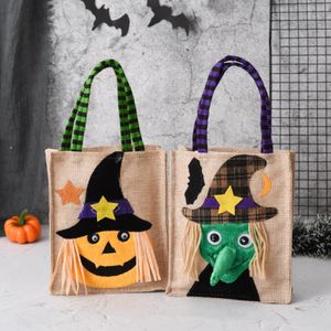 Cartoon Halloween Tote Sac Fourniture de f￪te en lin Sac Candy Pumpkin Ornement Portable Gift Kids Faits Decoration Sacs