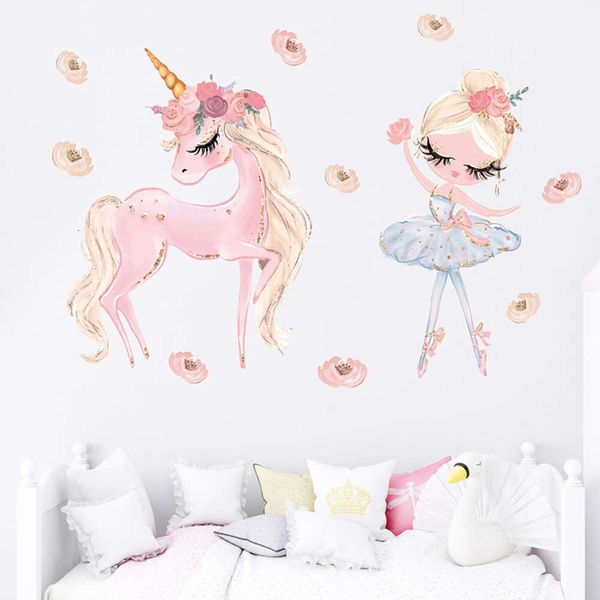 Pegatinas de pared de unicornios para niña, pintura a mano de dibujos animados, baile, princesa, habitación de niños, habitación de niña, calcomanías de pared de habitación, decoración del hogar