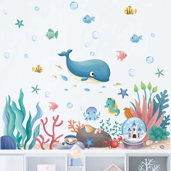 Dessin animé peinture à la main créature animale sous-marine poisson dauphin Stickers muraux pour chambre d'enfants bébé chambre de bébé Stickers muraux décor à la maison