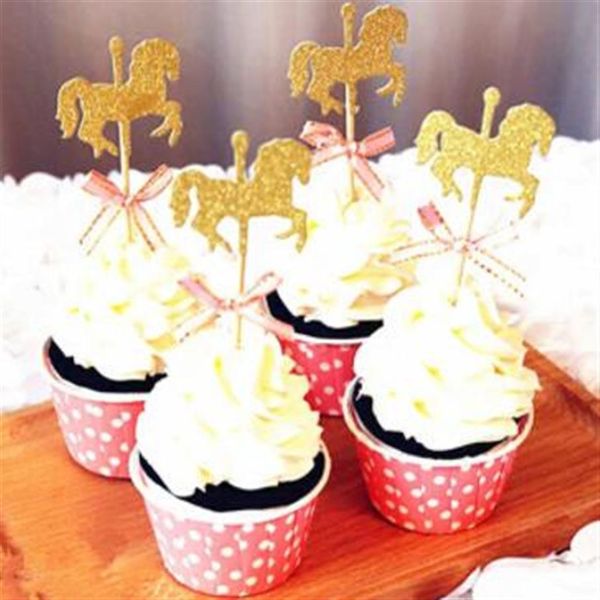 Cartoon Horse Cupcake Topper avec nœud papillon paillettes Gold Carrousel Mariage d'anniversaire de fête de fête de fête bricolage DIY Gâteau à la main Decor253Z