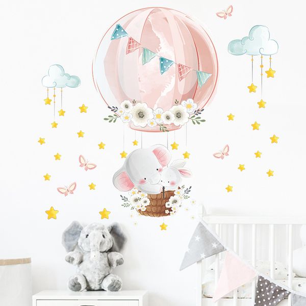 Pegatinas de pared de globo aerostático de dibujos animados para habitación de niños, decoración de habitación de niñas, elefante, conejito, calcomanías de pared, decoración del hogar, papel tapiz artístico