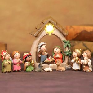 Dessin animé Jésus Naissance Manger Set Décorations de scène Ornements de Noël LED Lumières Mignon Décor à la maison Cadeaux de vacances Jouets pour enfants 231220