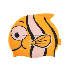 Dessin animé enfants bébé poisson bonnet de bain silicone bébé bonnets de bain protection des oreilles chapeau de natation élastique silicone étanche casquettes de sports nautiques