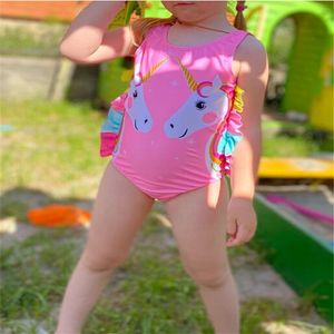 Cartoon Kids Swimwear Girls Eéndelige bikini gegolfde peuters Baby Bathing Suite Kinderkleding Swimpakken 2-9 jaar