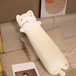 Cartoon Kitten Doll Soft Cute Cat Plush Pillow verwijderbare kern lange strip slapende metgezel voor meisjes ideaal huis 240325