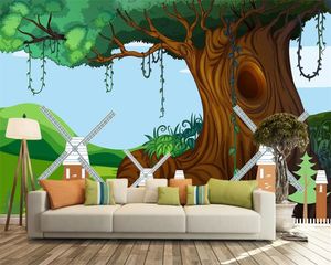 Cartoon landschap 3d wallpaper HD europa en amerika cartoon torenhoge bomen groene kinderen kamer decoratie 3D muurschildering behang
