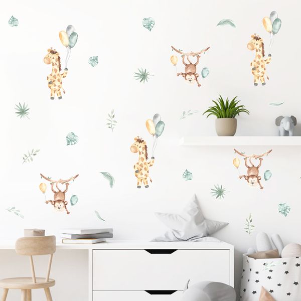 Dessin animé Lion girafe singe à pois ballons aquarelle Sticker Mural pépinière amovible vinyle Sticker Mural enfants chambre décor